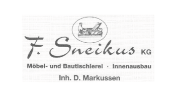 Das Logo von F. Sneikus KG zeigt den Firmennamen und beschreibt die Dienstleistungen im Möbel- und Innenausbau.