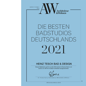 Zertifikat von Architektur & Wohnen, das Heinz Tesch Bad & Design als eines der besten Badstudios 2021 anerkennt.