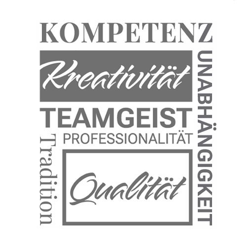 Die Worte Kompetenz, Kreativität und Professionalität sind prominent in einem grafischen Design angeordnet, das Teamgeist betont.
